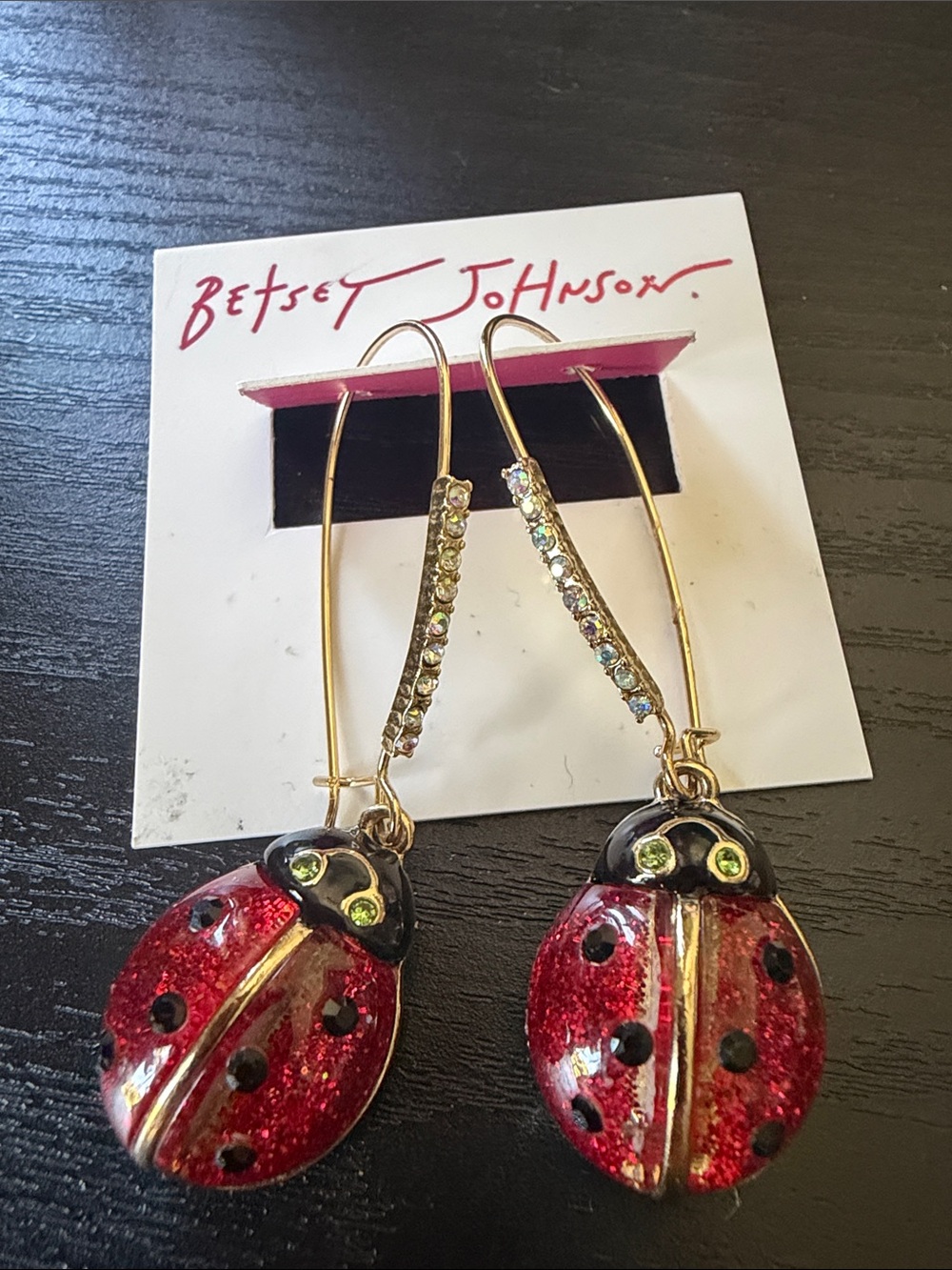 Betsey Johnson Red Ladybug Dangle Earrings with Crystal Accented Hooks - Picture 2 of 4